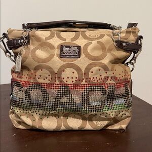 Coach 14147 Khaki and White Op Art Brooke Sateen Medium Hobo Bag.